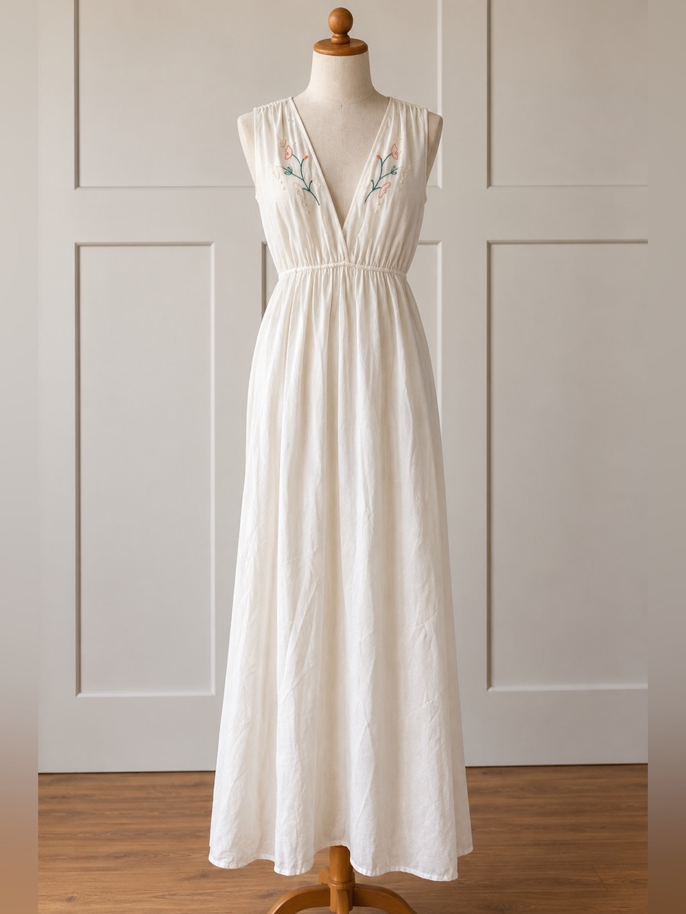 70s NWT Vintage Silver Belle White Embroidered Nylon Empire Waist Maxi Dress